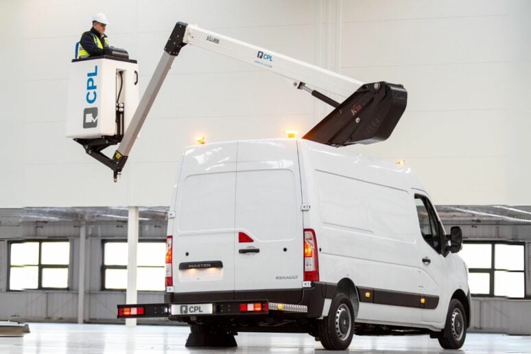 Aerial-van-conversion Image of a cherry picker van with lifted platform