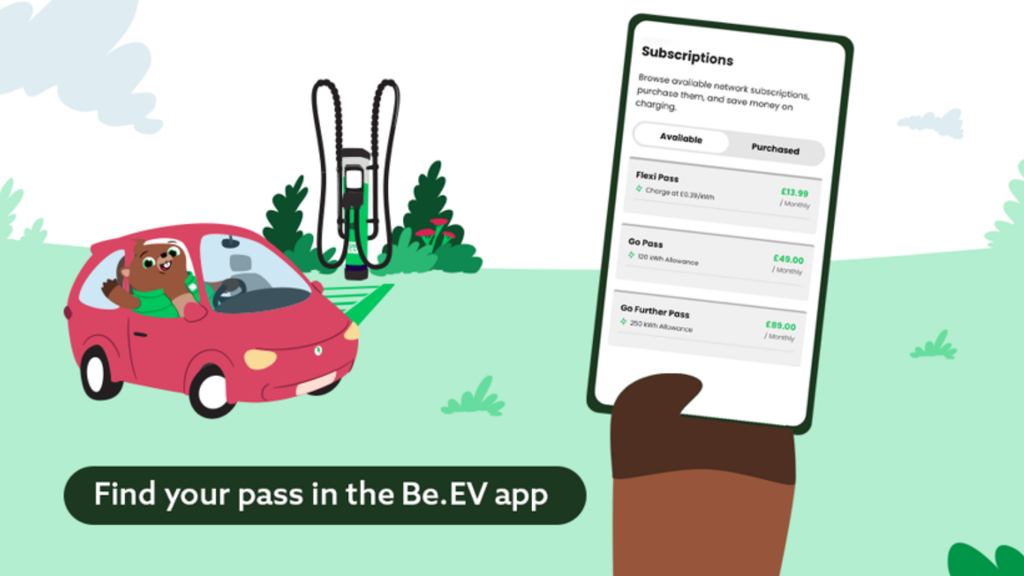 Be.EV Charging Pass subscriptions shown in the app, including Flexi, Go and Go Further.